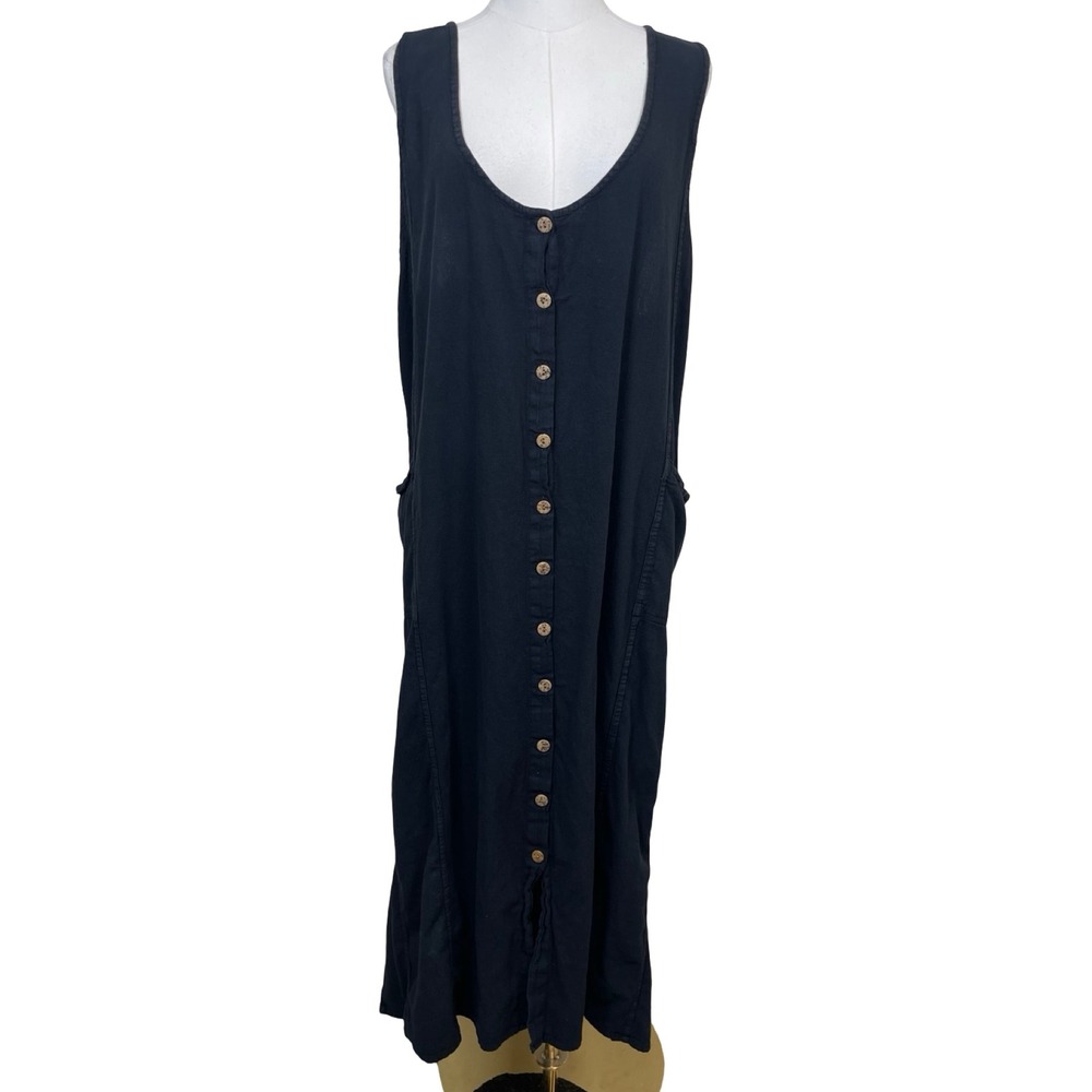 Vintage El Huarache Button Front Maxi Dress Womens L Black Cotton Boho Pockets - Picture 2 of 10